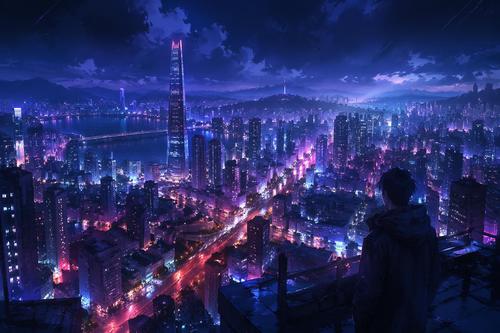 Seoul skyline at night, rainswept streets glowing with neon