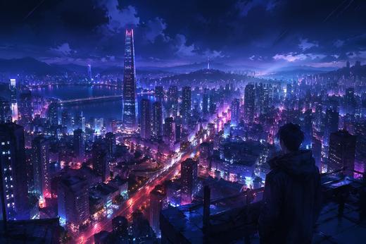 Seoul skyline at night, rain-slick streets glowing with neon